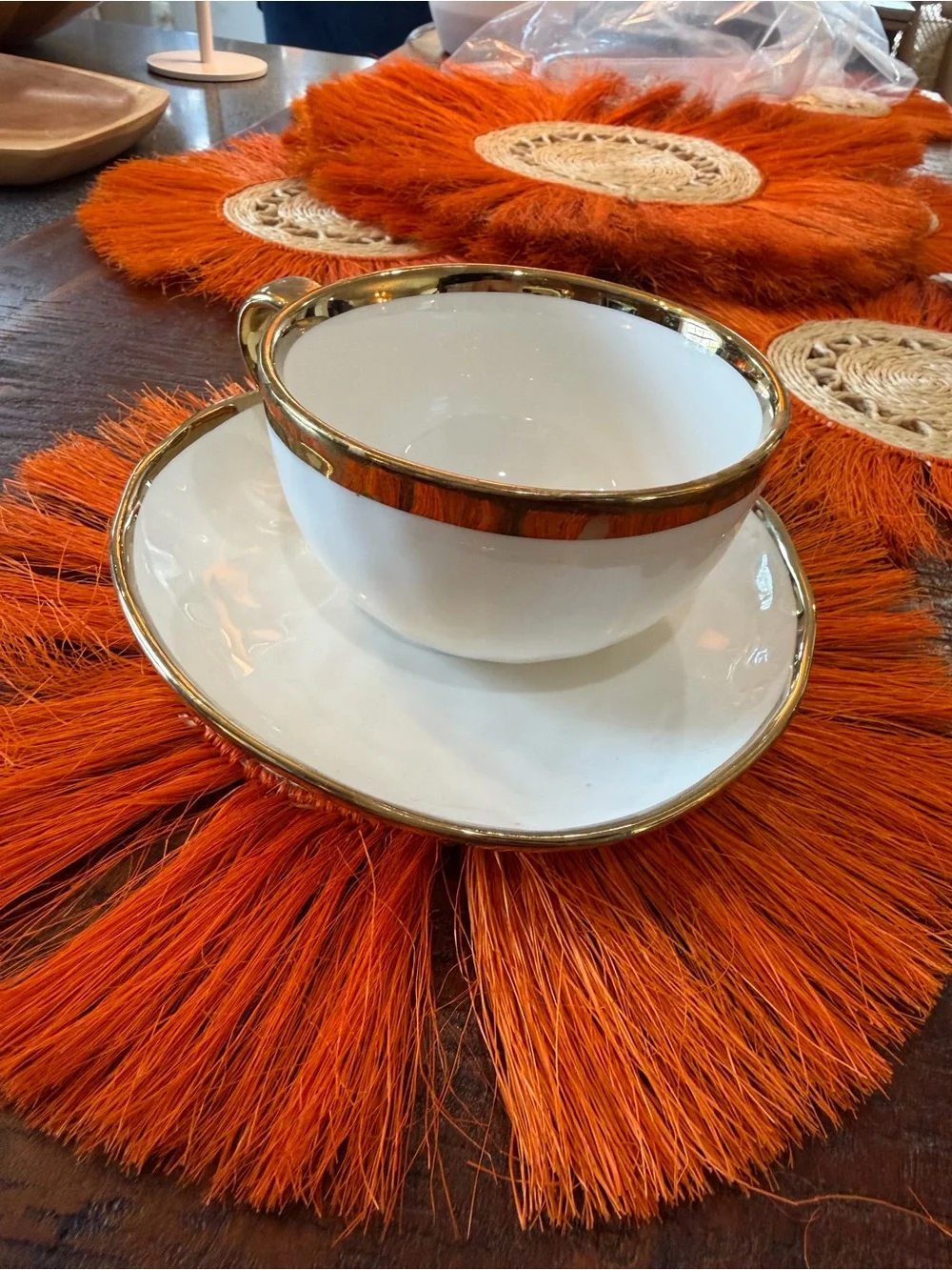 Vtge 10” Orange 6 Boho Raffia Fringe HandWoven Coasters Placemats Fall Decor